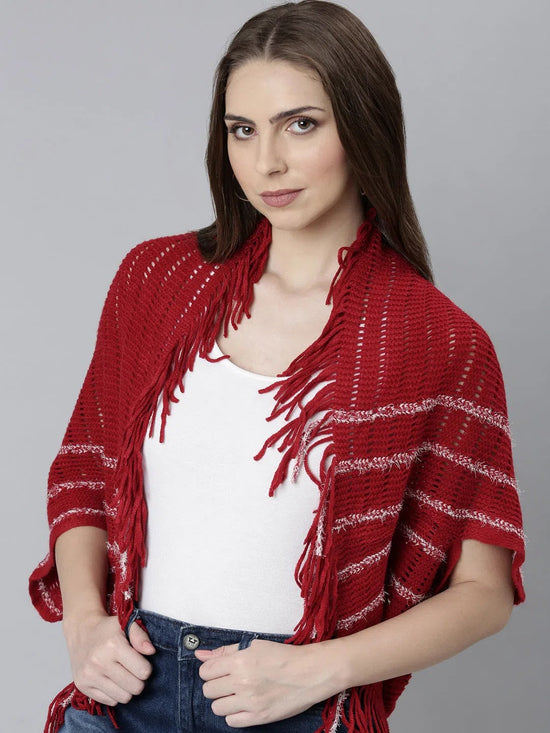 Women Red Self Design Poncho-CHN-9951-Red