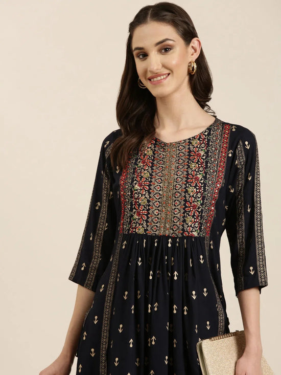 Women Navy Blue Printed A-Line Kurta-GW-3375-Navyblue