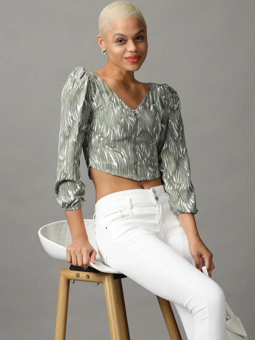 Women's Olive Printed Crop Top-AE-10550-Olive