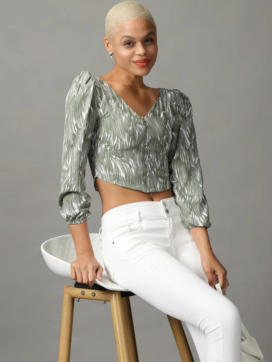 Women's Olive Printed Crop Top-AE-10550-Olive