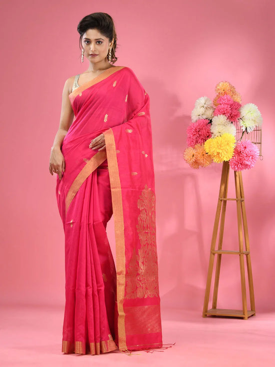 Fuchsia Cotton Blend Handwoven Saree With Texture Motifs-MA51BCT431270021