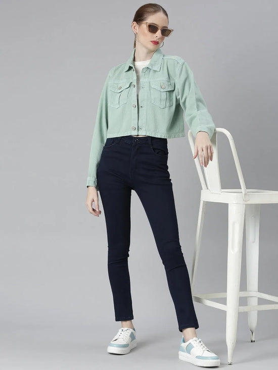 Women Sea Green Solid Denim Jacket-GZ-5600-Seagreen