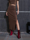 Women Brown Rib Pencil Midi Skirts