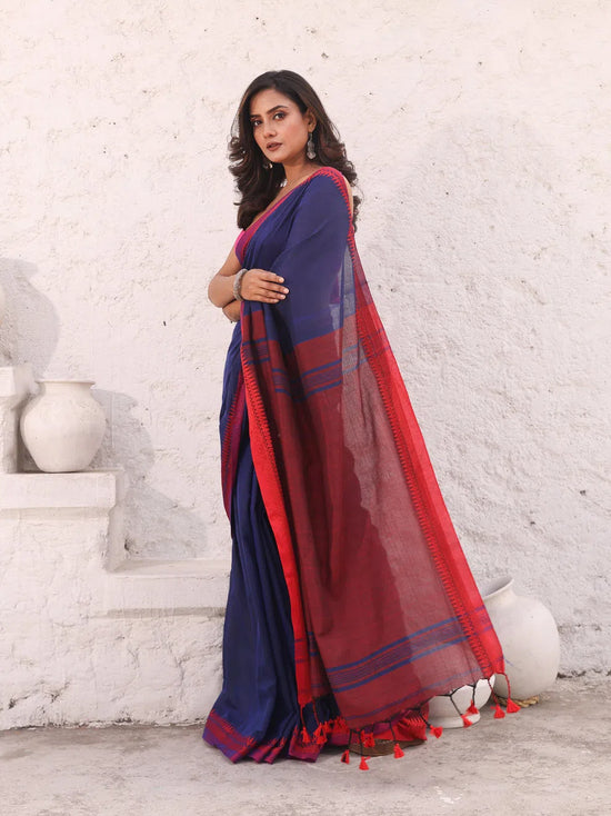 Blue Pure Cotton Saree With Temple Border-MA54CT33440074