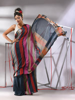 Dark Grey Cotton Saree With Multicolor Stripes-MA55CT06560021