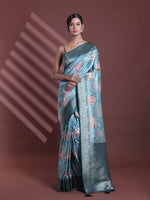 Teal Blue Floral Print Silk Soft Saree With Zari Border-MA60BSL011265018