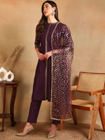 Ahika Women Purple Silk Blend Embroidered Straight Kurta Pant Set With Dupatta-PKSKD2370_S