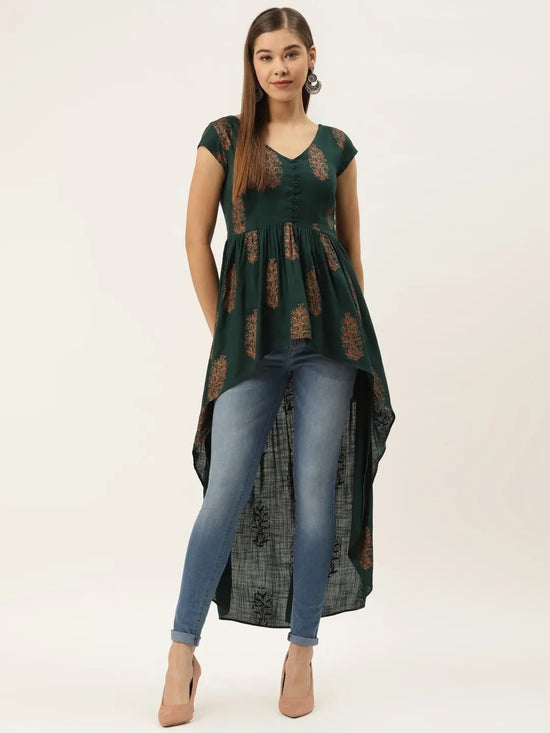 High low block printed top  in Bottle Green