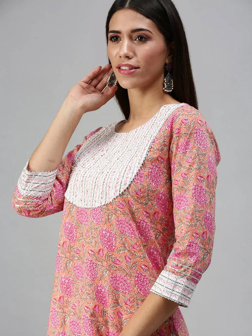 Women's Peach Printed Kurta Sets-SS386-Peach