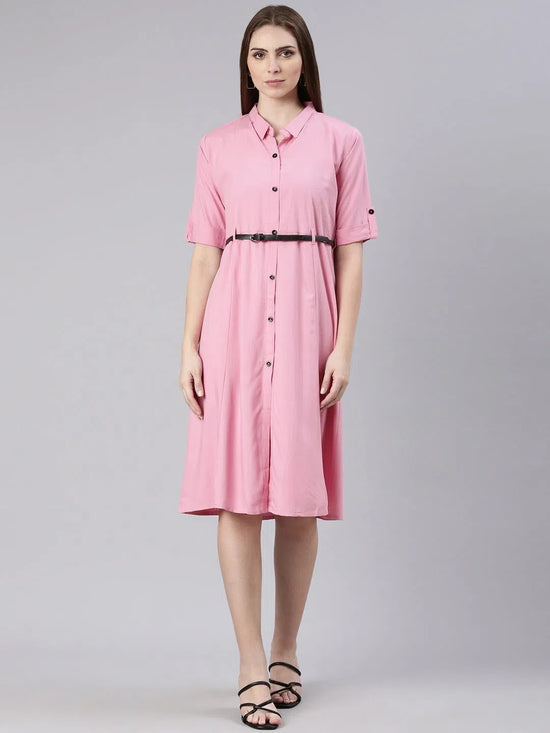 Women Pink Solid Shirt Dress-DF-1439-Pink