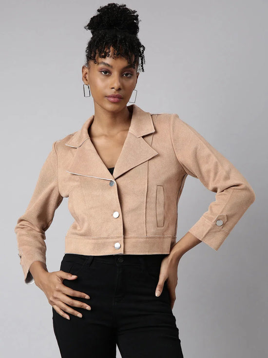 Women Solid Crop Beige Tailored Jacket-826-Beige