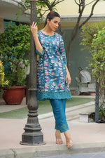 Vaasva Women Cyan Embroidered Printed  Kurta Set With Laced Solid Pants-141-Vaas-Cyan