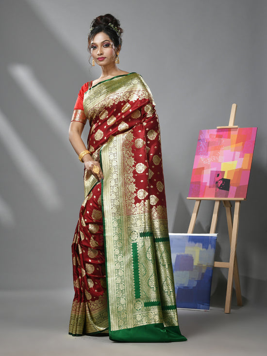 Scarlet Red Silk Banarasi Saree With Damask Motifs And Woven Degins-MA52BSL441050092