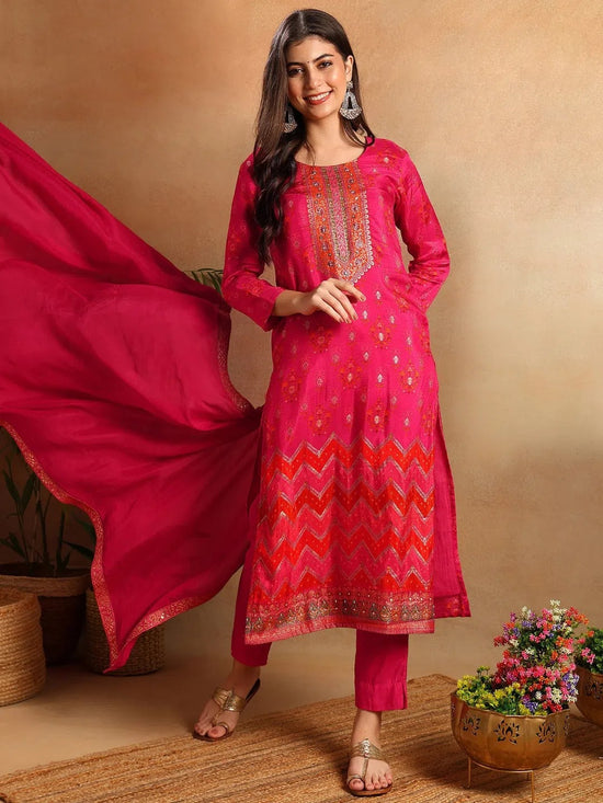 Ahika Women Pink Silk Ethnic Motifs Woven Design Straight Kurta Trousers With Dupatta-PKSKD2658