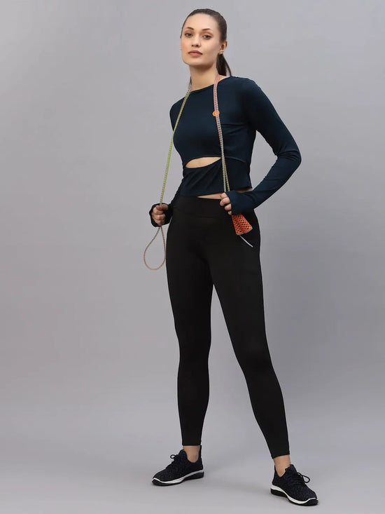 Rigo Blue Cut-Out Waist Round Neck Full Sleeve Activewear Crop Top