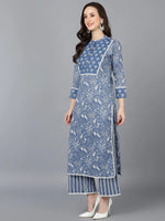 Ahika Women Blue Cotton Printed Straight Kurta Palazzo Set With Dupatta