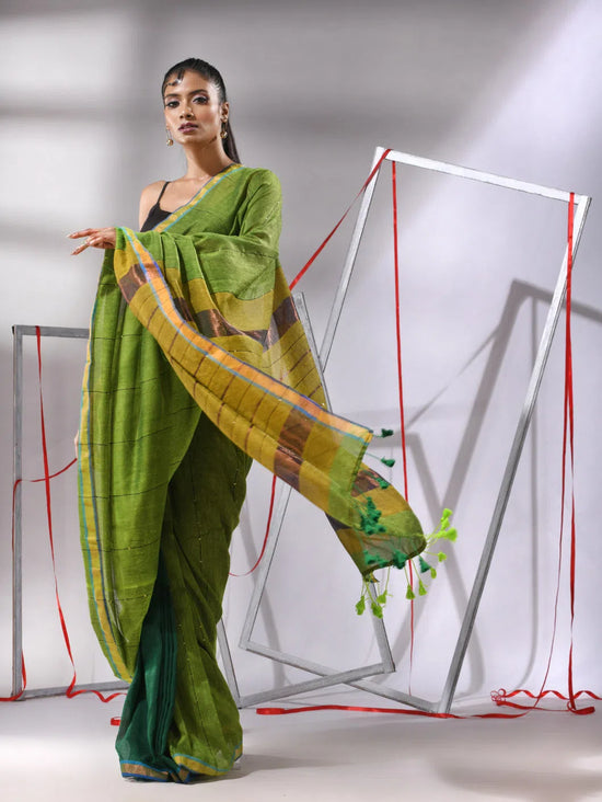 Green Cotton Saree With Sequine Work And Zari Stripe Pallu-MA55CT06520126