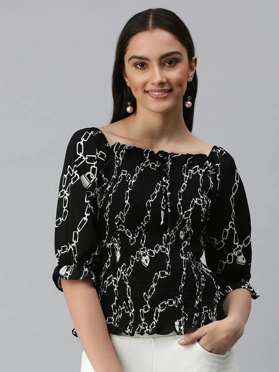 Women Black Printed Fitted Top-AE-10276-Blackwhite