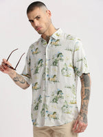 Men Spread Collar Animal Off White Casual Shirt-ZEPTO-2222-Offwhite