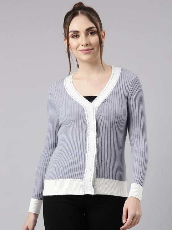 Women Colourblocked Grey Regular Cardigan-SNC-8895-Grey