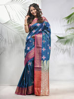 Teal Embroidered Motifs Silk Saree With Zari Borders-MA56BSL44940025