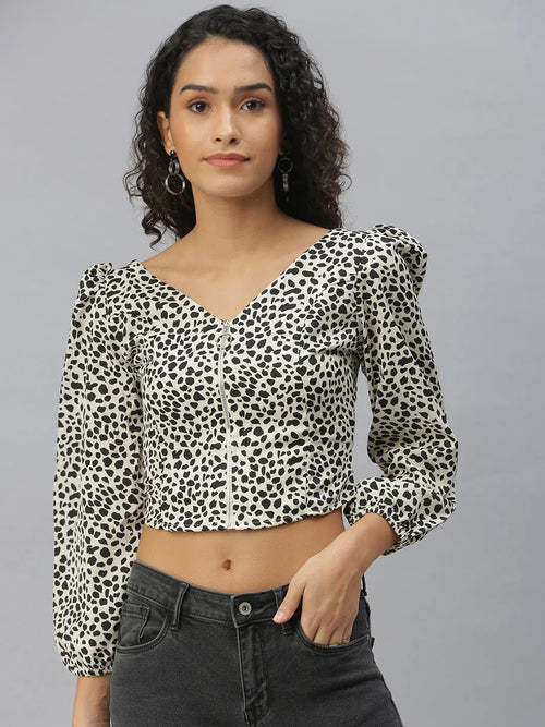 Women's Cream Printed Tops-AE-10312-Creamblack