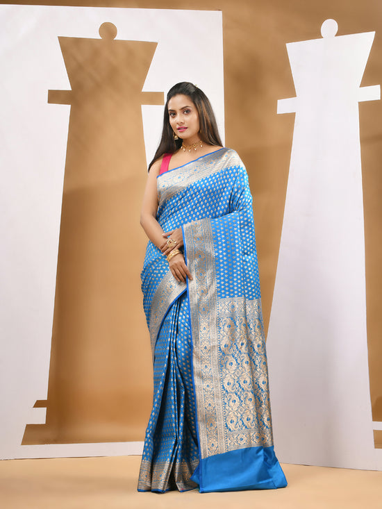 Sky Blue Silk Banarasi Saree With Ethnic Motifs And Woven Designs-MA53BSL441050026