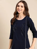 Women's Navy Blue Embroidered Straight Kurta-DF-7063-Navyblue