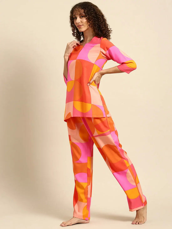 Kurta Pyjama nightwear Set in Pink and Orange Print