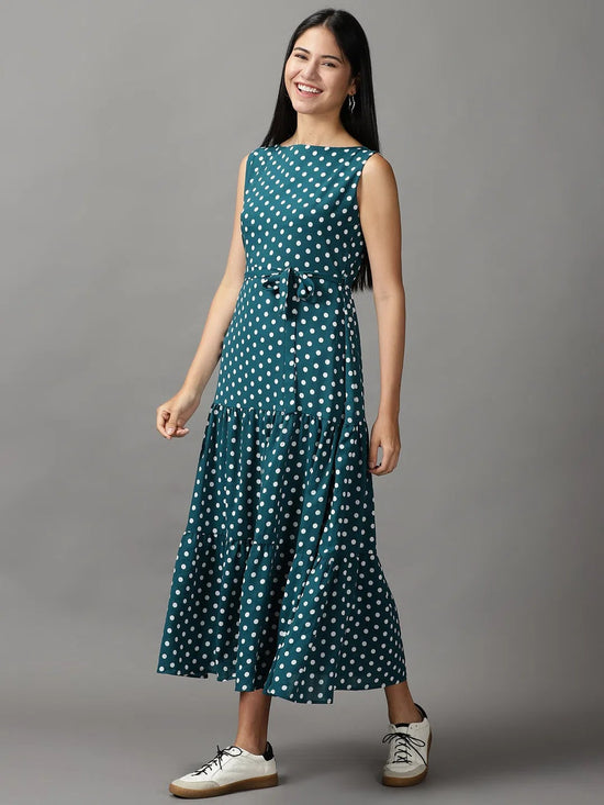 Women's Green Polka Dots Fit and Flare Dress-AE-15700-Green