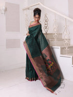 All Over Zari Weaving Forest Green Cotton Saree With Zari Borders-MA64BCT401380027