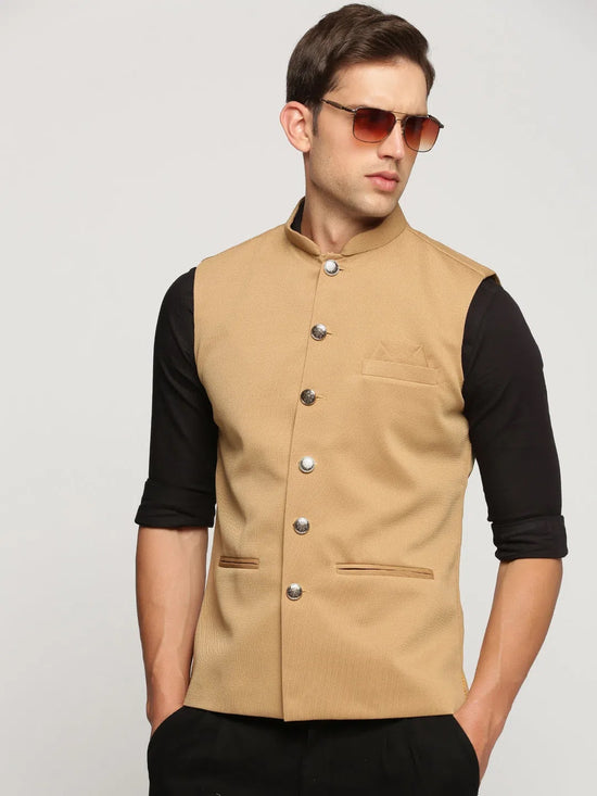 Men Brown Mandarin Collar Solid Nehru Jacket-AK-26986-12-Brown