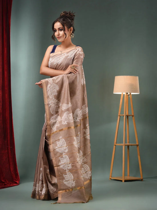 Beige Blended Silk Handwoven Saree With Paisley Border-MA50BSL34710007