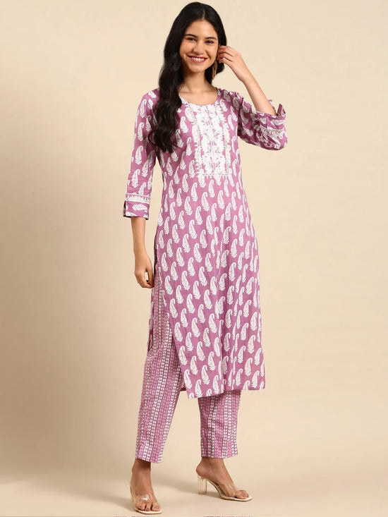 Women's Lavender Printed Kurta Set-AT-A577-Lavender