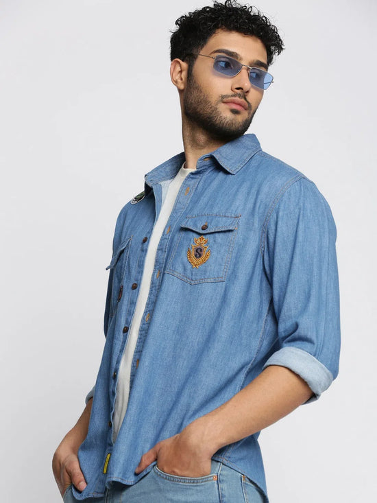 Men Blue Spread Collar Solid Oversized Shirt-SPACEDENIM-4912A-Blue