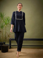 Women Black L-Shape Embroidered Shirt With Palazzos