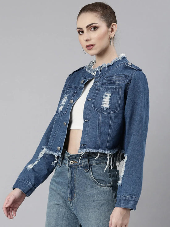 Women Blue Solid Denim Jacket-CHN-232-Blue