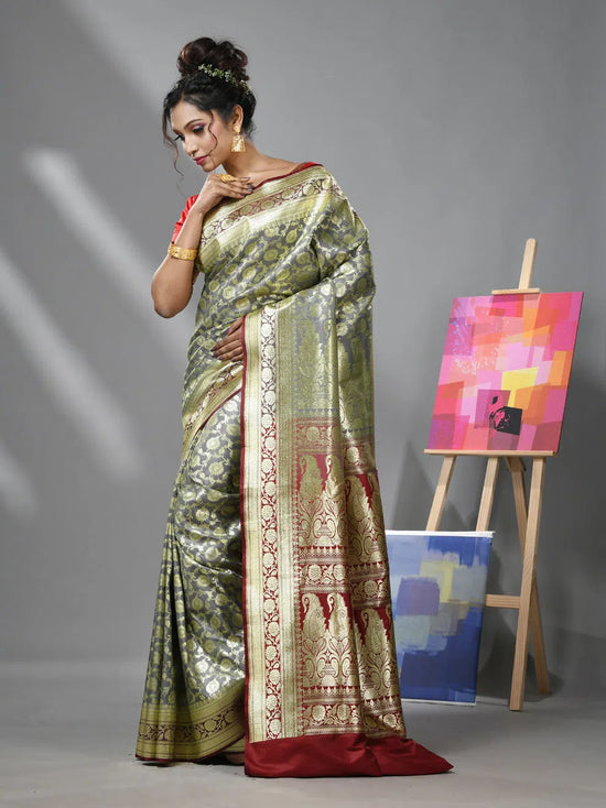 Light Grey Silk Banarasi Saree With Zari Woven Designs-MA52BSL441050037