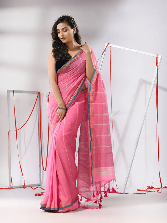 Pink Cotton Patli-Pallu Saree With Stripe Designs-MA55CT06540036