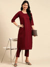 Women's Red Embroidered Kurta Set-SKC-837-Burgundy