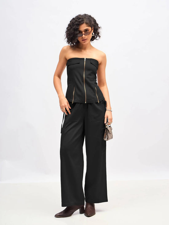 Women Black Twill Waist Drawstring Cargo Pants