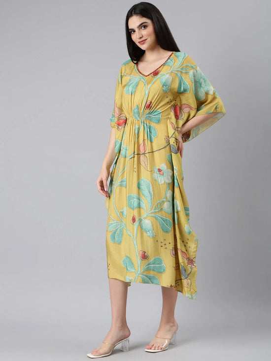 Women Yellow Floral Kaftan Dress-DW-3843-Yellow