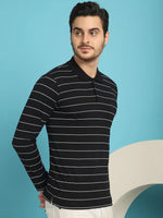 Venitian Men Striped Polo Neck Full Sleeves Black T-Shirt Wih Pocket