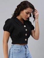 Women's Black Solid Crop Top-SH-7165-Black