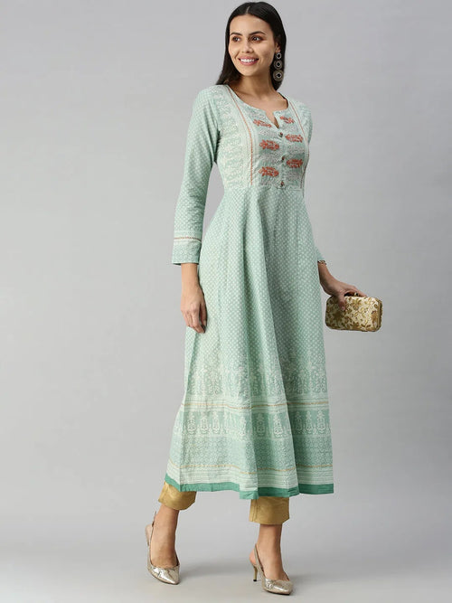 Women's Teal Floral Khatwa Anarkali Kurta-RF-9955-Teal