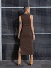 Women Brown Rib Side Slit Bodycon Midi Dress