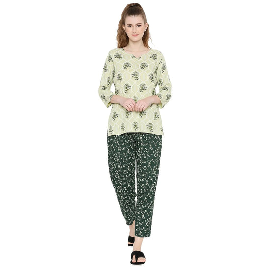 Smarty Pants Women's Cotton Green Color Floral Print Night Suit