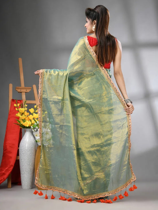 Pistachio Green Shimmer Tissue Saree With Gota Patti Borders-MA62TIS33990014