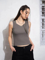 Women Grey Rib Sweetheart Neck Top