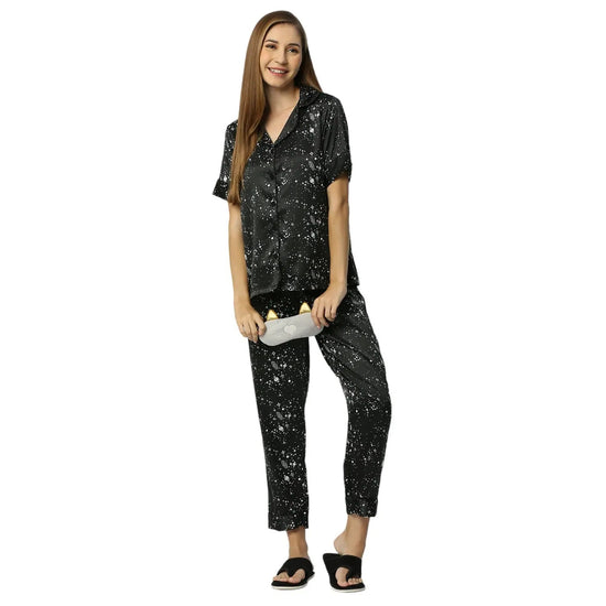 Smarty Pants Women's Silk Satin Black Color Star Galaxy Print  Night Suit-SMNSP-914-S